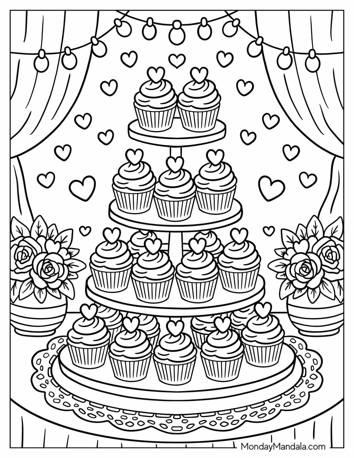 Wedding Coloring Page of Tiered Cupcake Display With Hearts for Kids coloring page