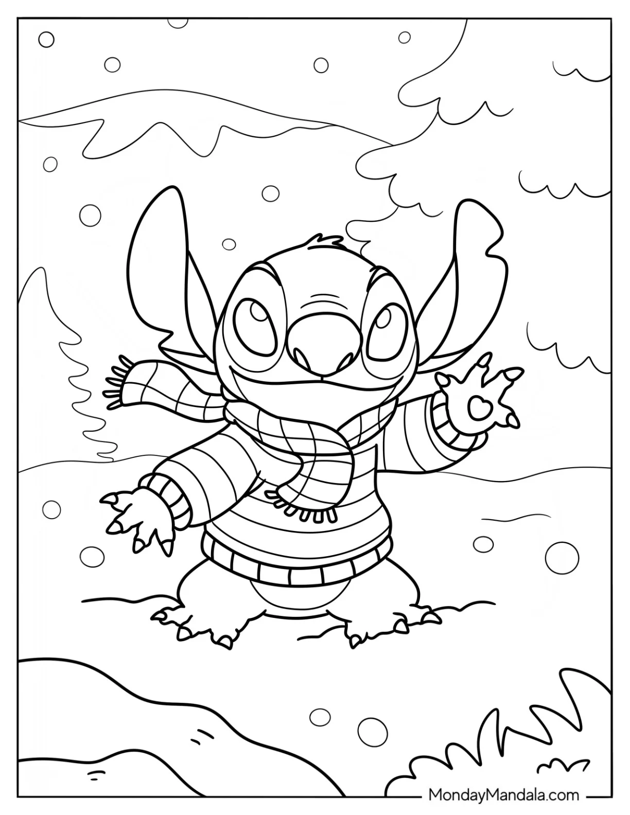 Adorable Stitch Playing Outside In Winter Coloring Page coloring page