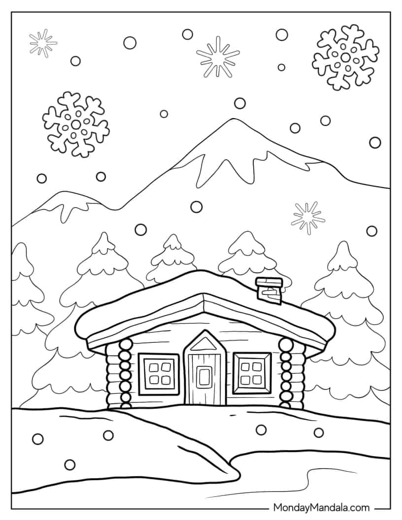 Cabin And Mountains In Winter Coloring Page coloring page