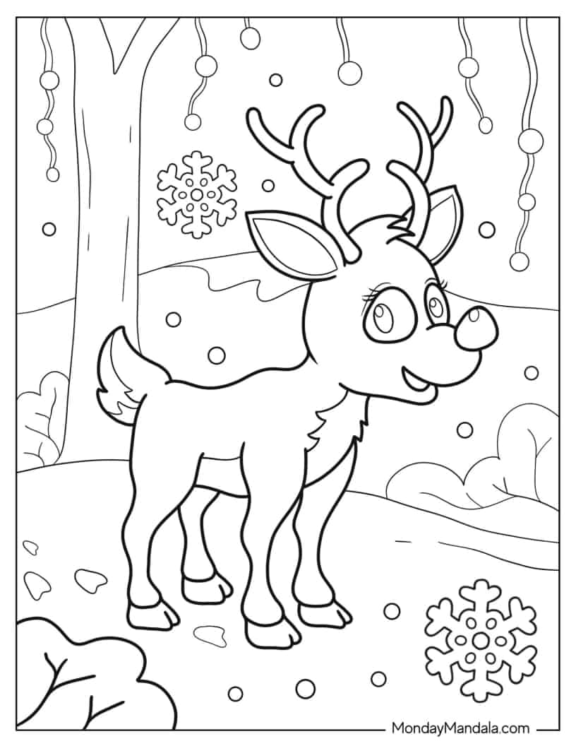 Cartoon Rudolph In Snowy Landscape Coloring Sheet coloring page