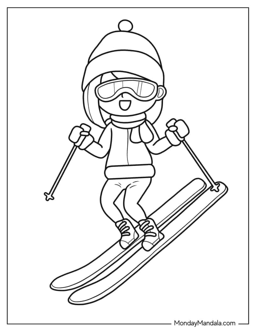 Chibi Girl Skiing Coloring In For Preschoolers coloring page
