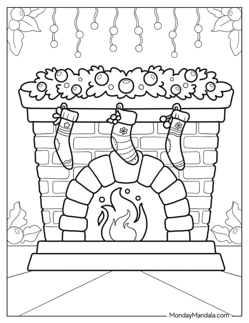 Christmas Fireplace With Garland And Stockings coloring page