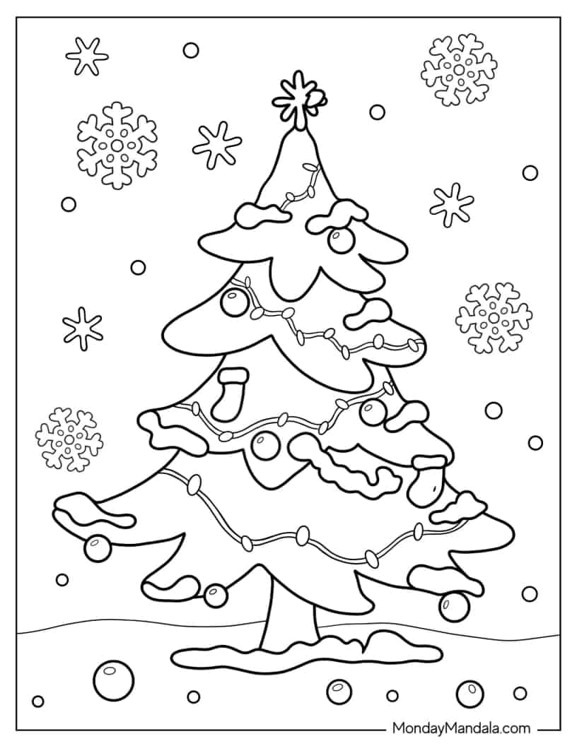Christmas Tree With Snow Coloring In For Kids coloring page