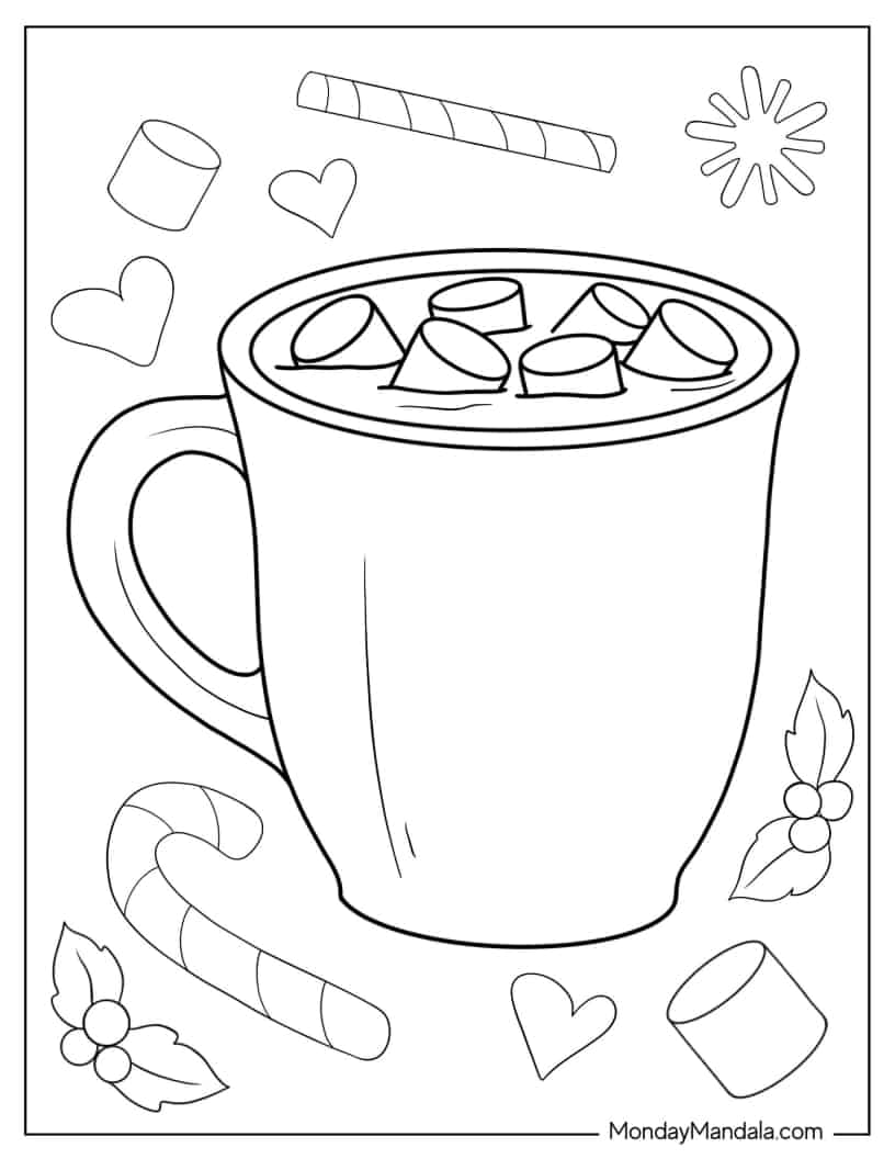 Cup Of Hot Chocolate In Winter Coloring Sheet coloring page