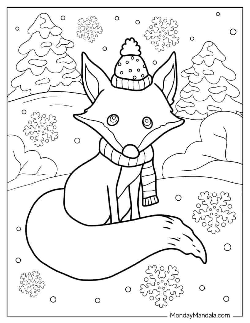 Cute Fox With Hat In Snowy Forest coloring page