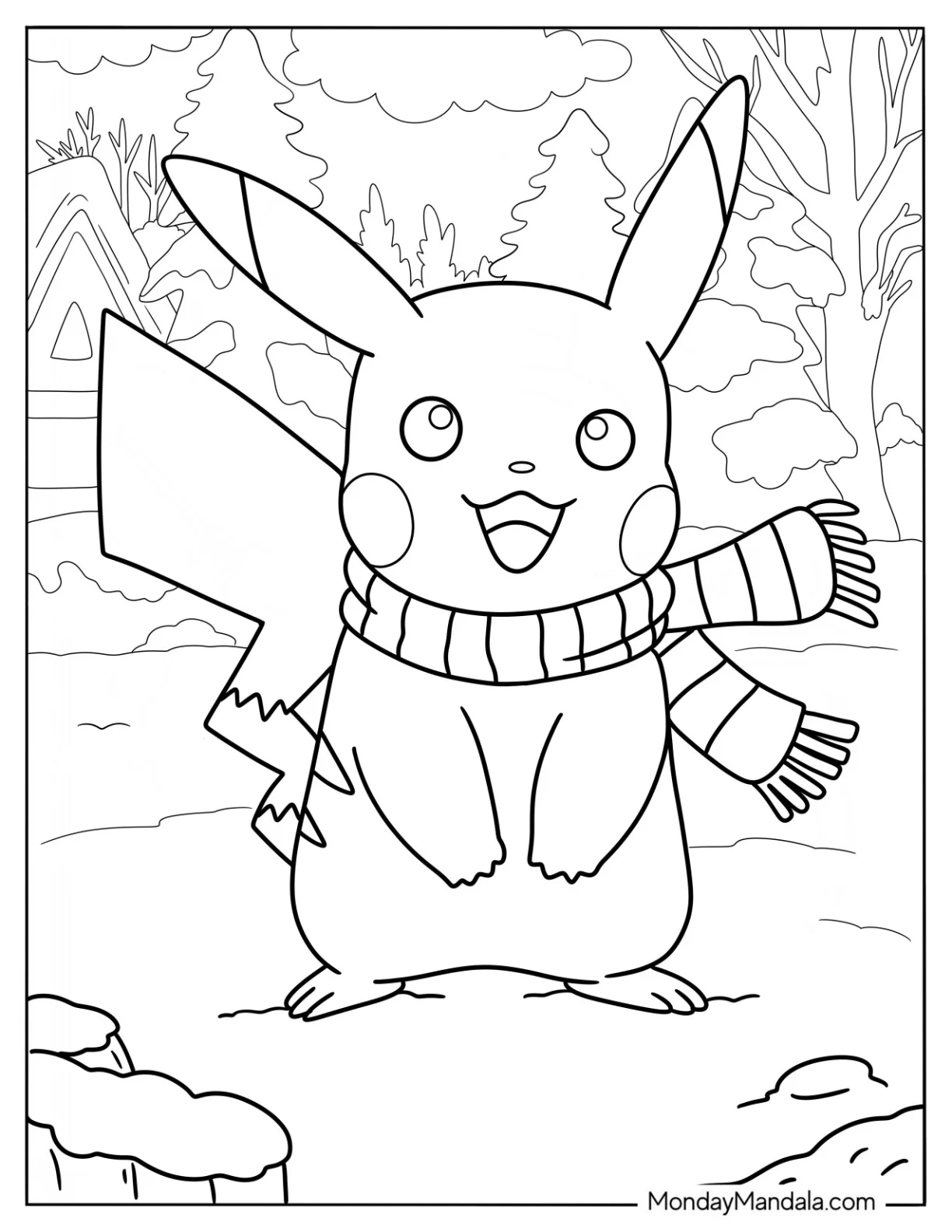 Cute Pikachu Wearing A Scarf In Winter Coloring Page For Preschoolers coloring page