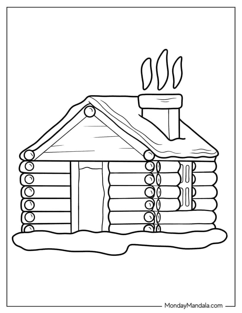 Easy Winter Cabin Outline Coloring Page coloring page