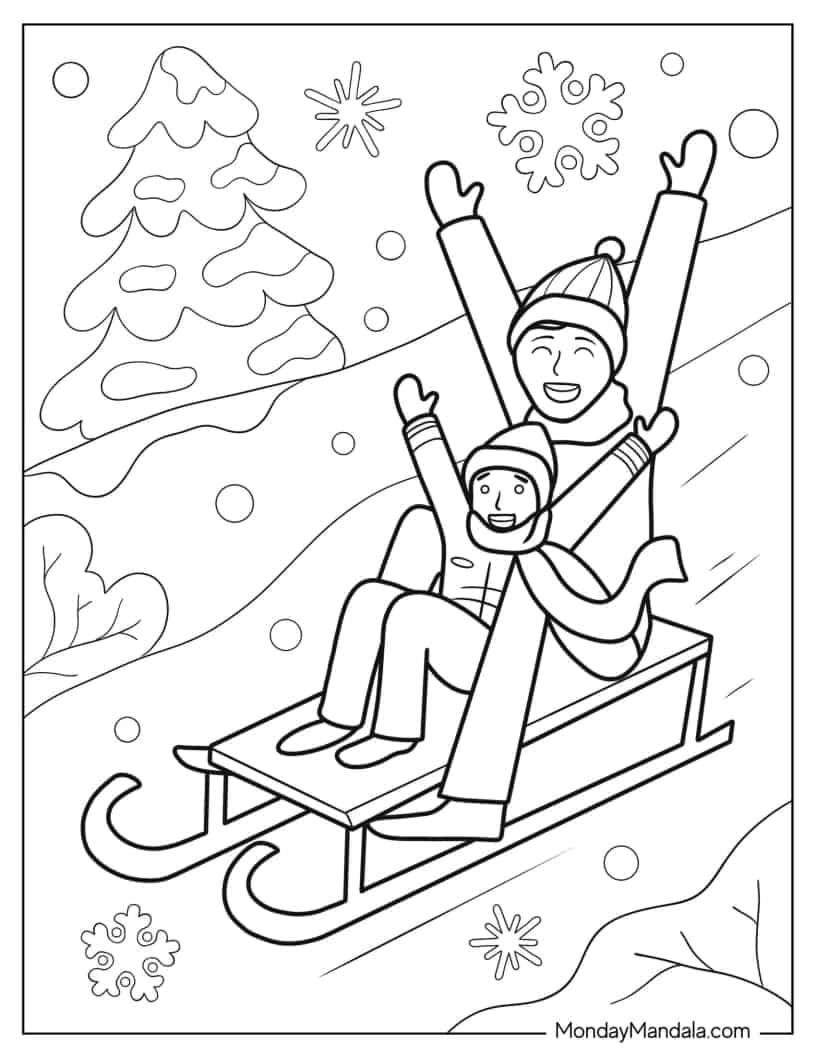 Father And Son Riding Sled In Winter coloring page
