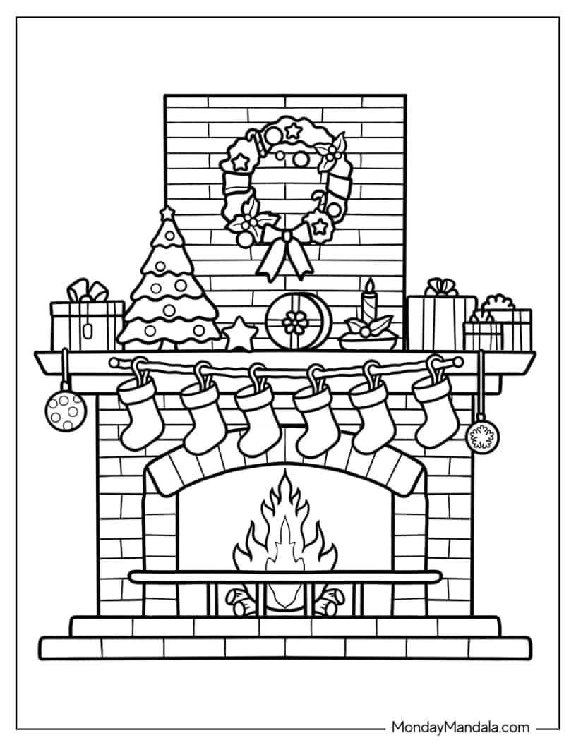 Fireplace With Christmas Ornaments coloring page