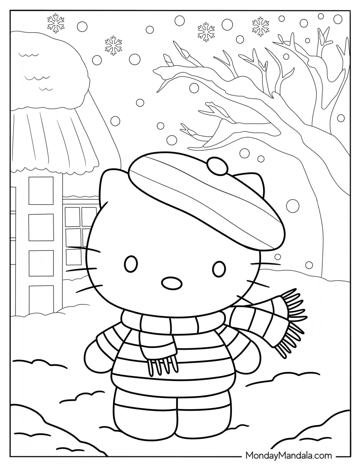 Hello Kitty Wearing A Beret And Scarf In Winter Coloring Page coloring page