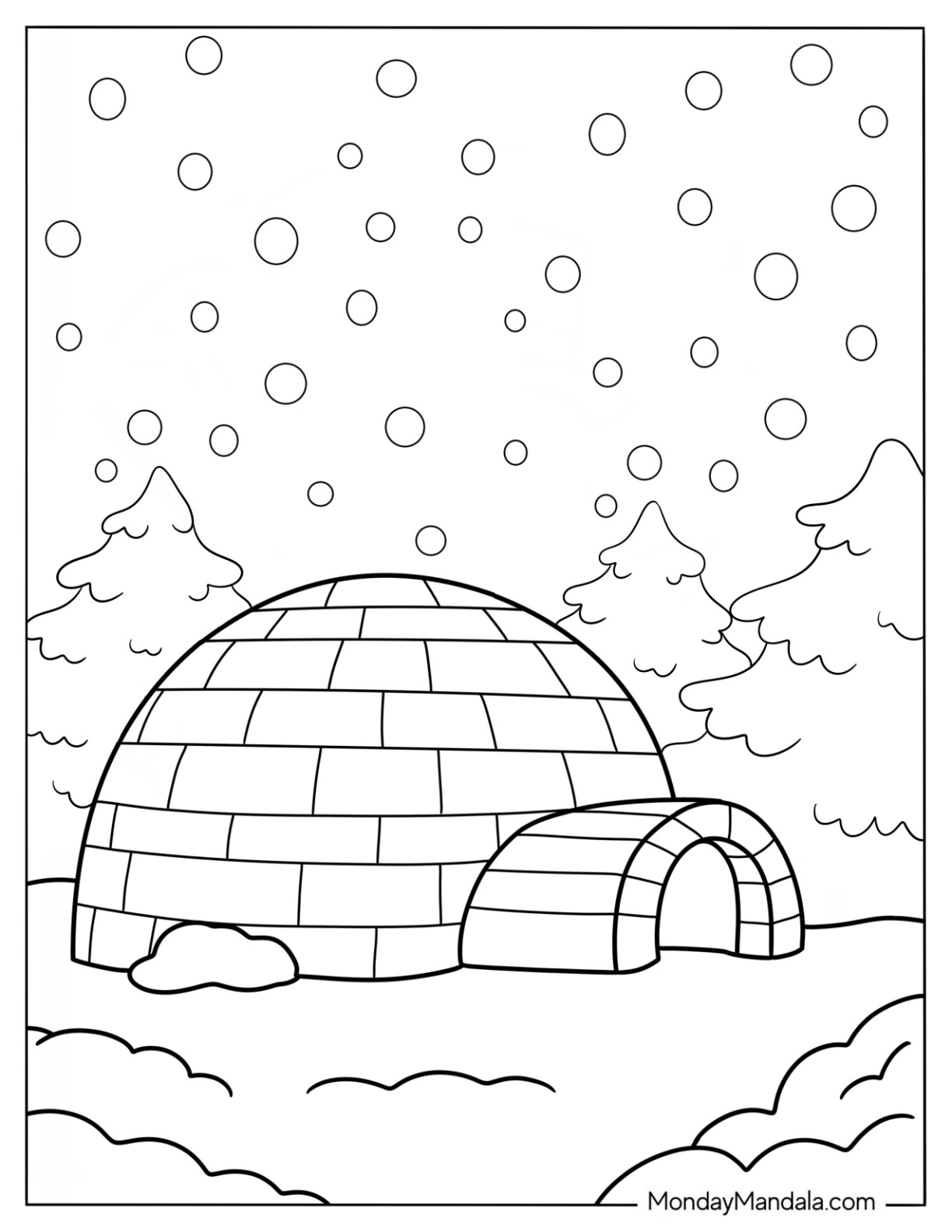 Igloo In Winter Coloring Page Surrounded By Trees coloring page