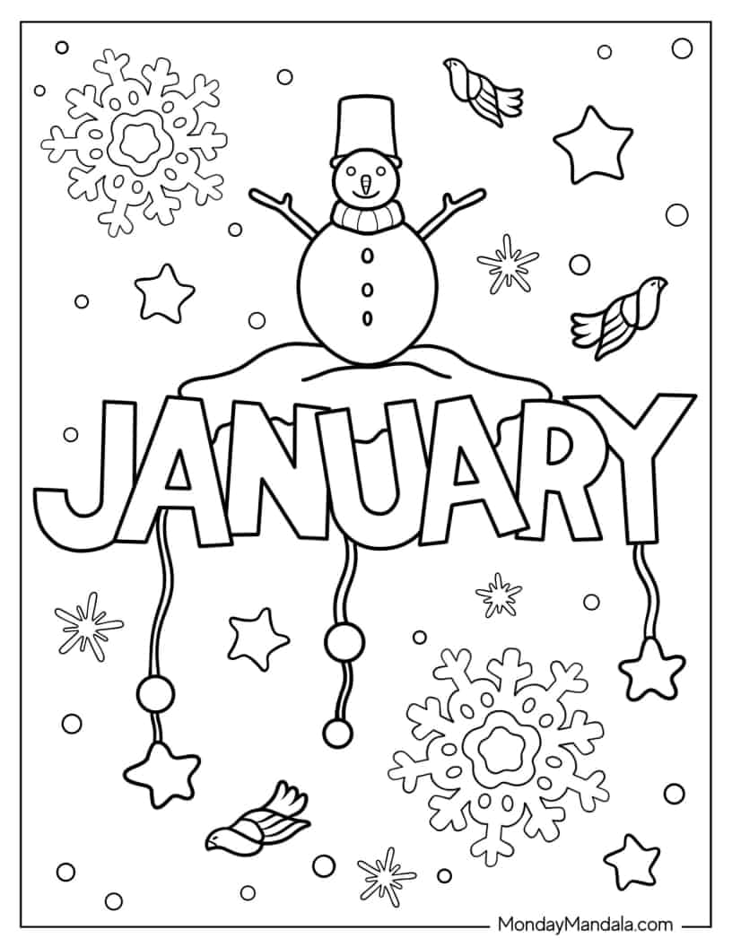 January Winter With Snowman Coloring Page coloring page