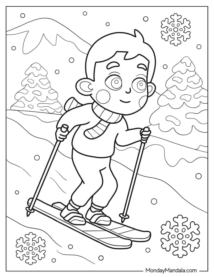 Kawaii Boy Skiing In Winter Coloring Page coloring page