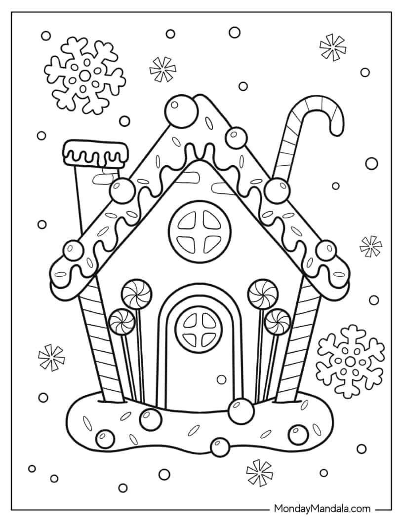 Kawaii Gingerbread House With Snow Coloring Sheet coloring page