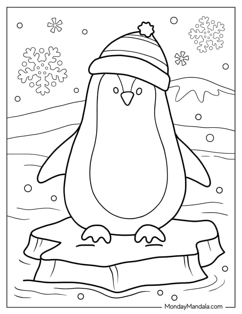 Kawaii Penguin Wearing Beanie In Winter Coloring In For Preschoolers coloring page