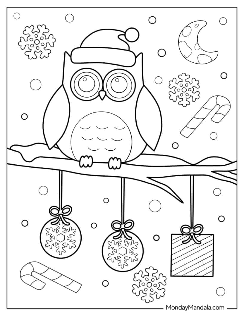 Owl Wearing Santa Hat In Winter Coloring Page coloring page