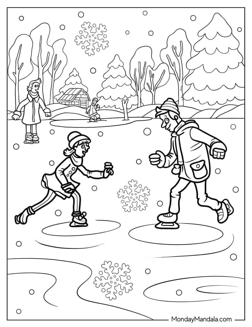 People Ice Skating In Winter Coloring In For Kids coloring page