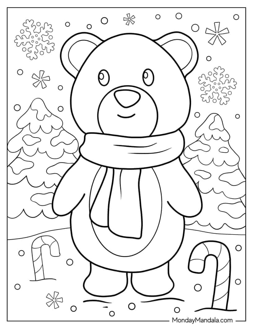 Polar Bear Wearing Scarf In Winter Coloring Sheet For Kids coloring page
