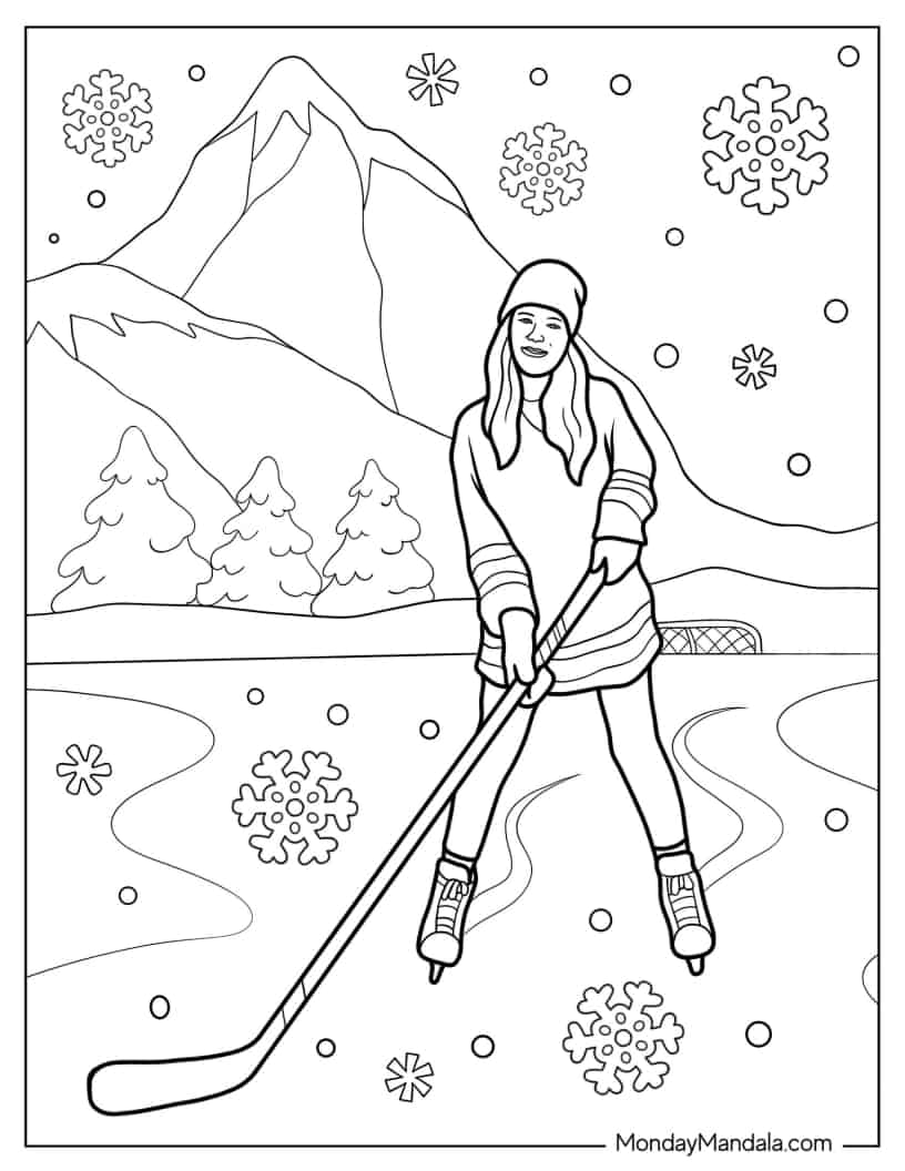Realistic Girl Playing Ice Hockey coloring page
