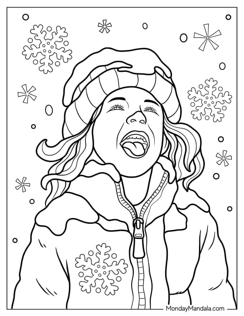 Realistic Girl Playing In Snow Coloring Page coloring page