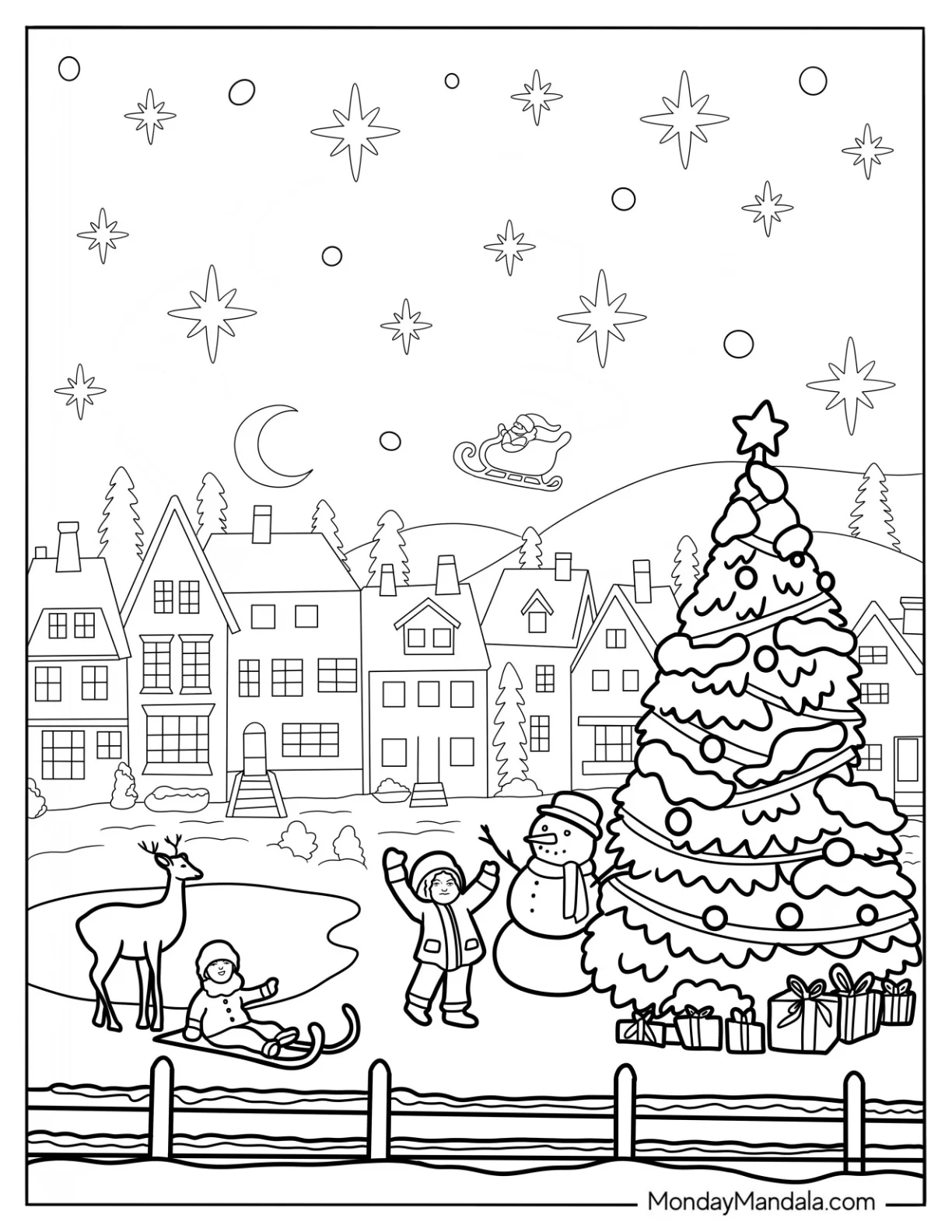 Santa Flying Over A Town In Winter Coloring Page coloring page