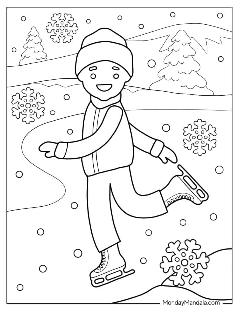Simple Cartoon Boy Skating In Winter coloring page