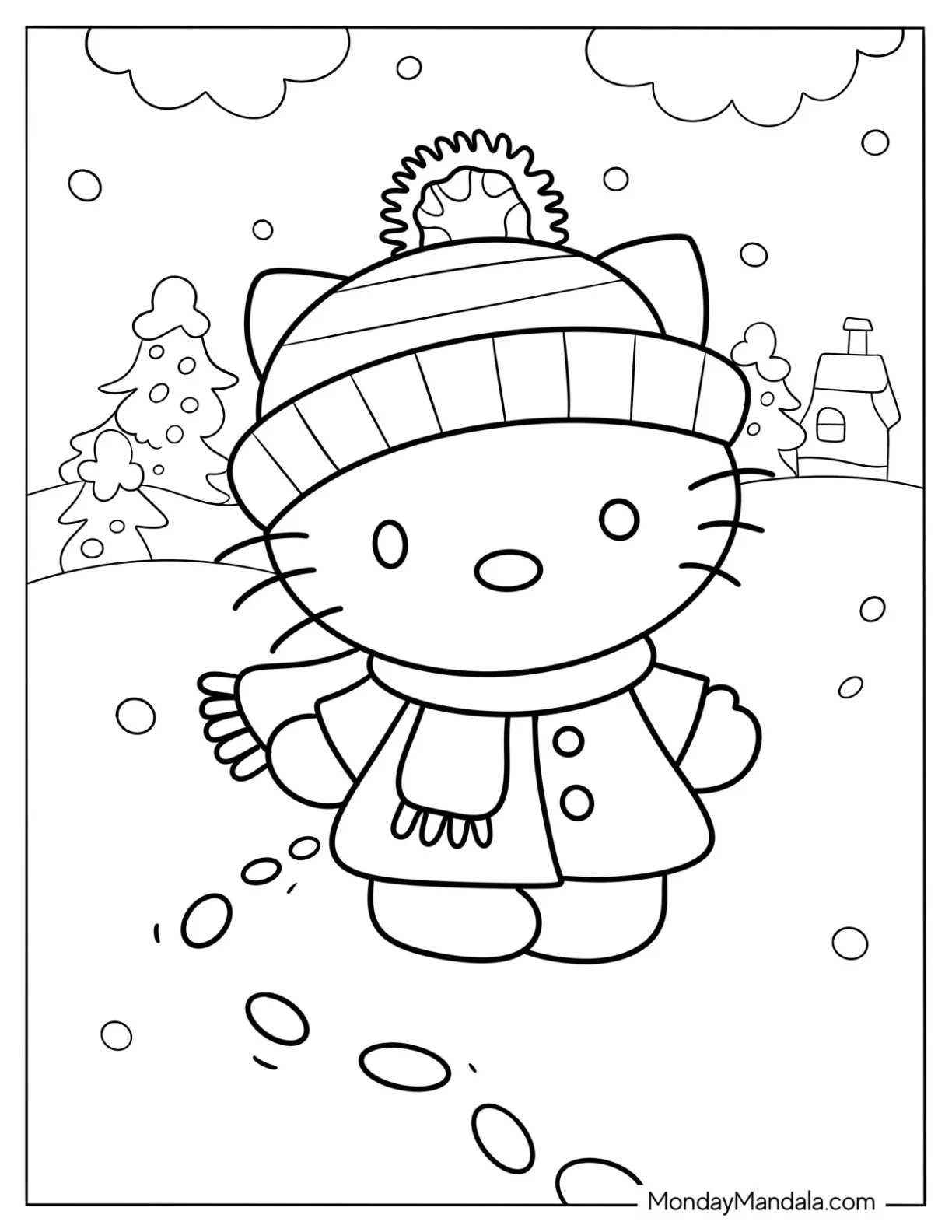 Simple Hello Kitty In Winter Coloring Page For Preschoolers coloring page