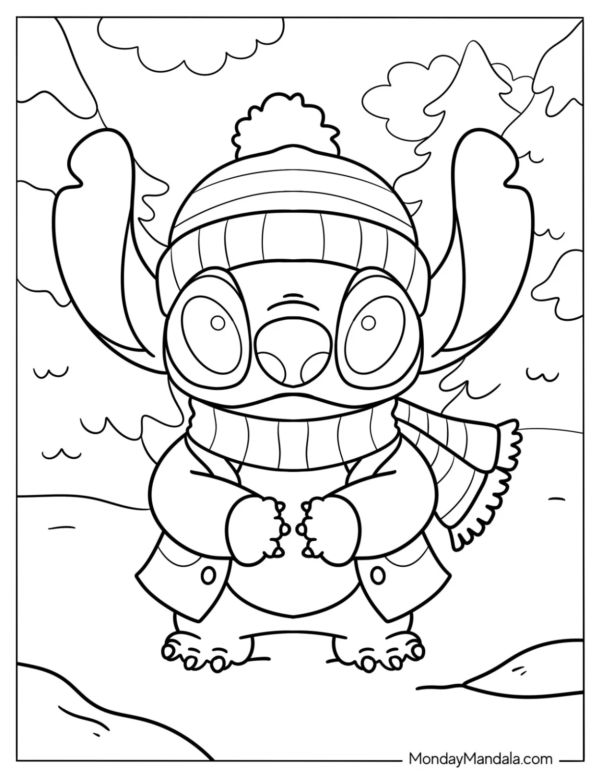Stitch In Winter Coloring Page Of Coat And Scarf For Kids coloring page