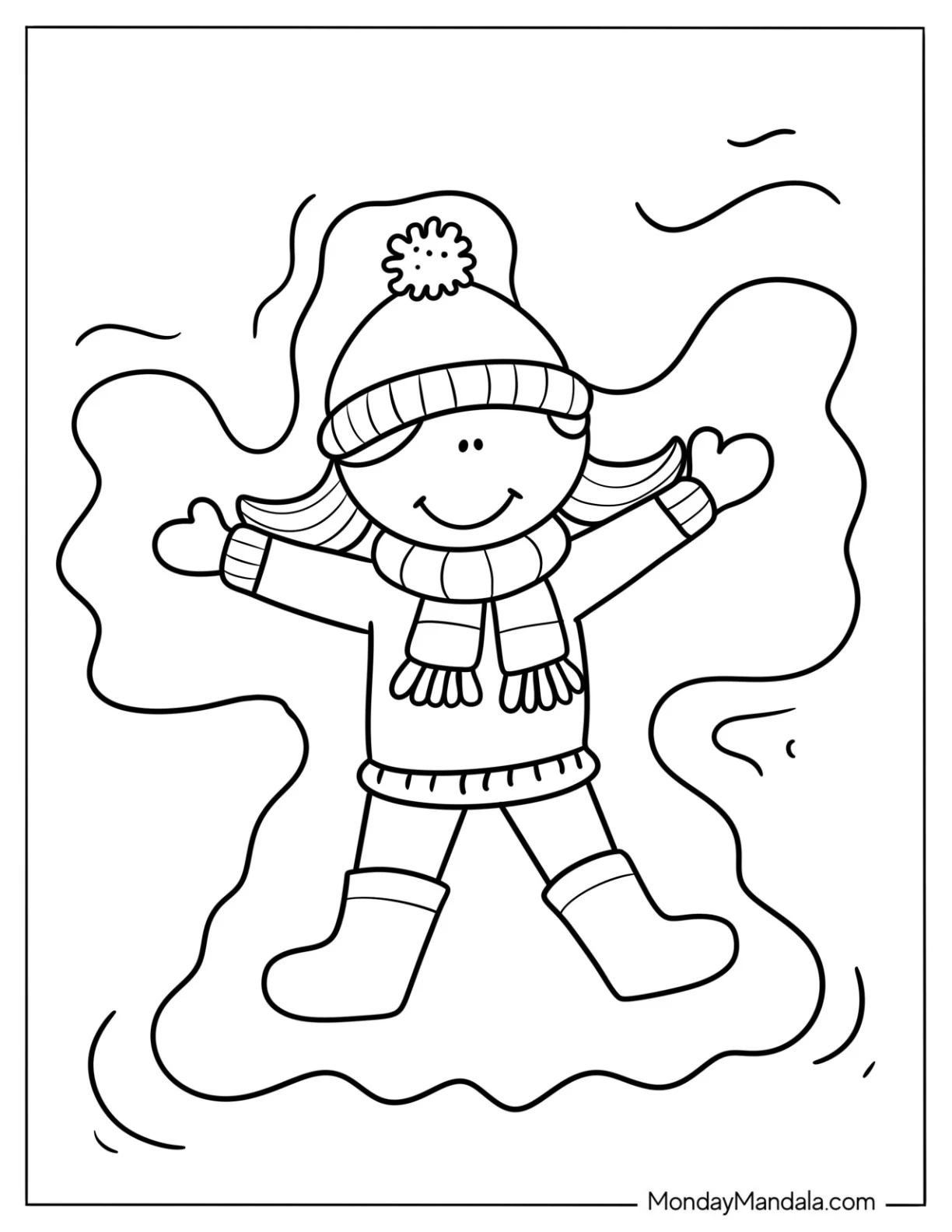 Winter Coloring Page Of Cartoon Girl Making A Snow Angel For Kids coloring page