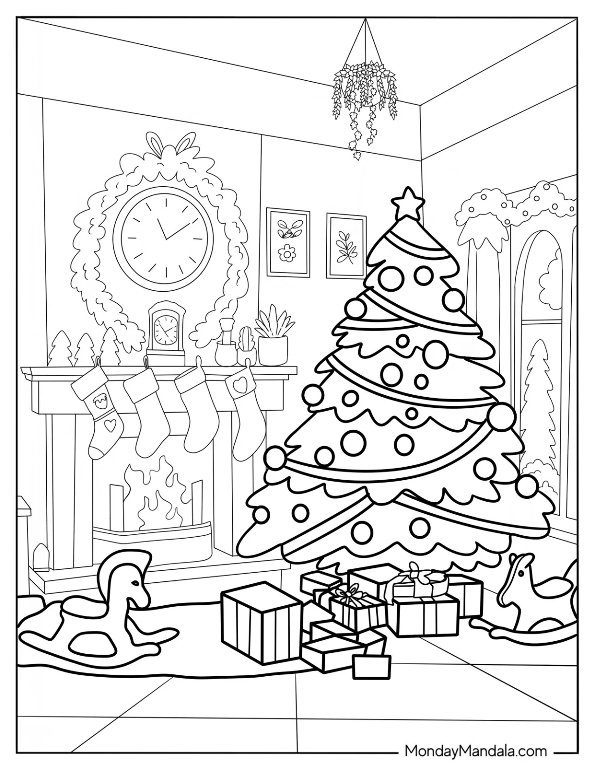 Winter Coloring Page Of Christmas Tree In A Living Room With Presents And A Fireplace coloring page