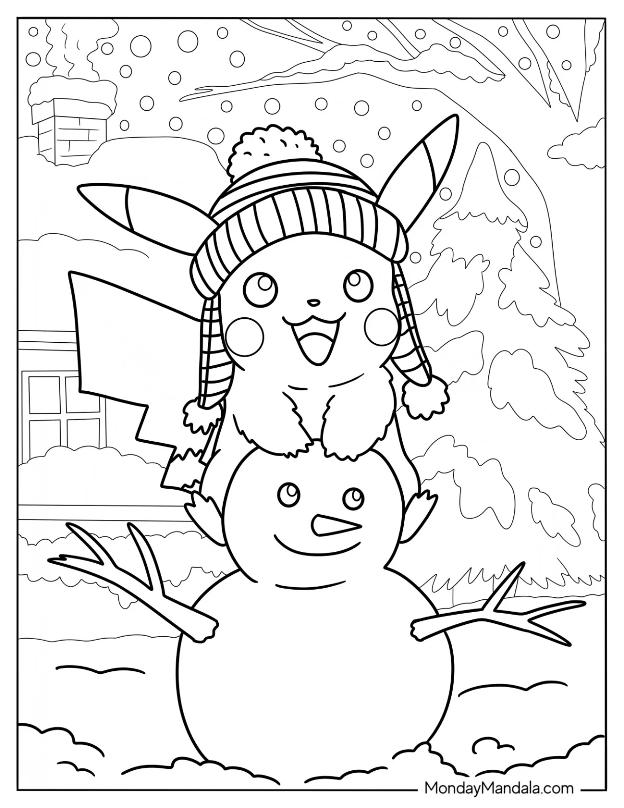 Winter Coloring Page Of Kawaii Pikachu Sitting On Top Of A Snowman For Kids coloring page