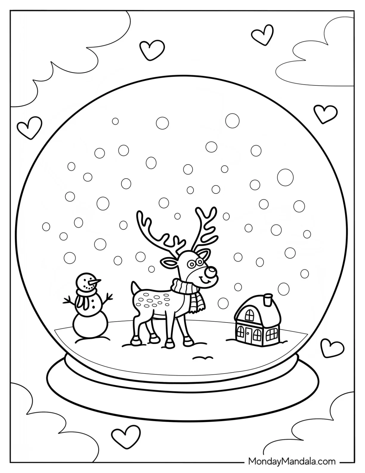 Winter Coloring Page Of Rudolph Inside A Snow Globe for Kids coloring page