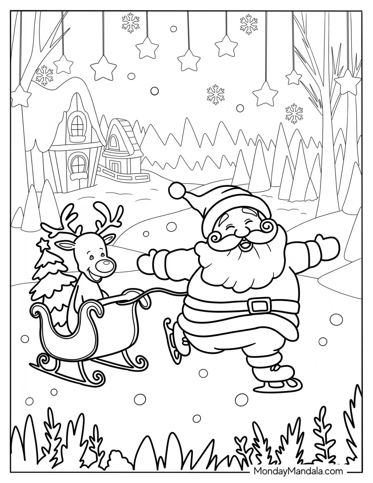 Winter Coloring Page Of Santa Ice Skating With Rudolph In A Sleigh coloring page