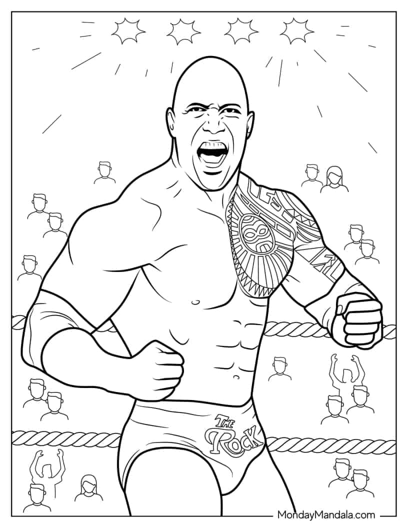Dwayne Johnson (The Rock) WWE Wrestler coloring page — printable line art
