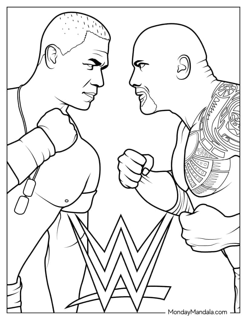 John Cena Vs The Rock WWE Coloring Sheet coloring page — printable line art