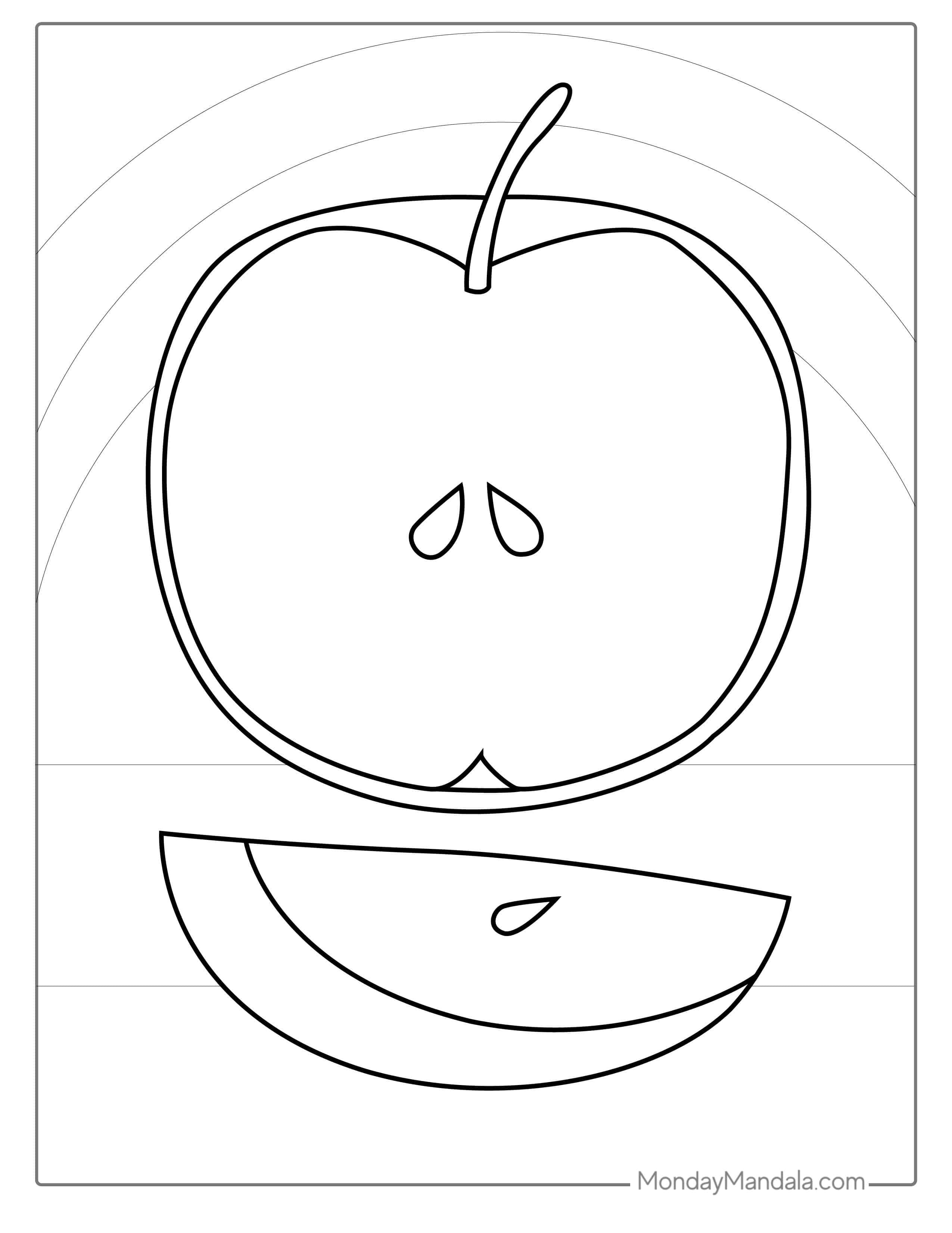 Apple Cut In Half With Seeds Coloring Sheet coloring page — printable line art