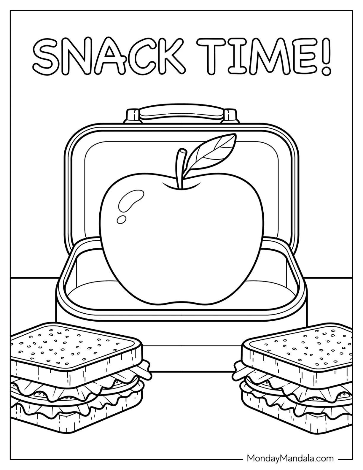 Back to School Lunchbox with Apple Coloring Page and Sandwiches coloring page — printable line art