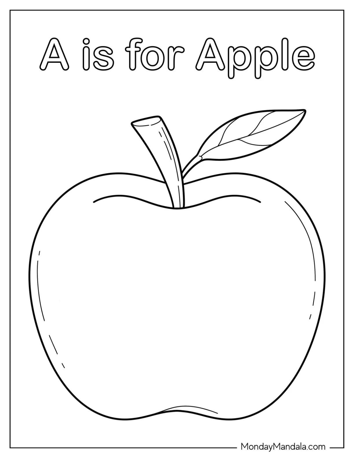 Big Apple Coloring Page with ‘A Is for Apple’ Text for Preschoolers coloring page — printable line art