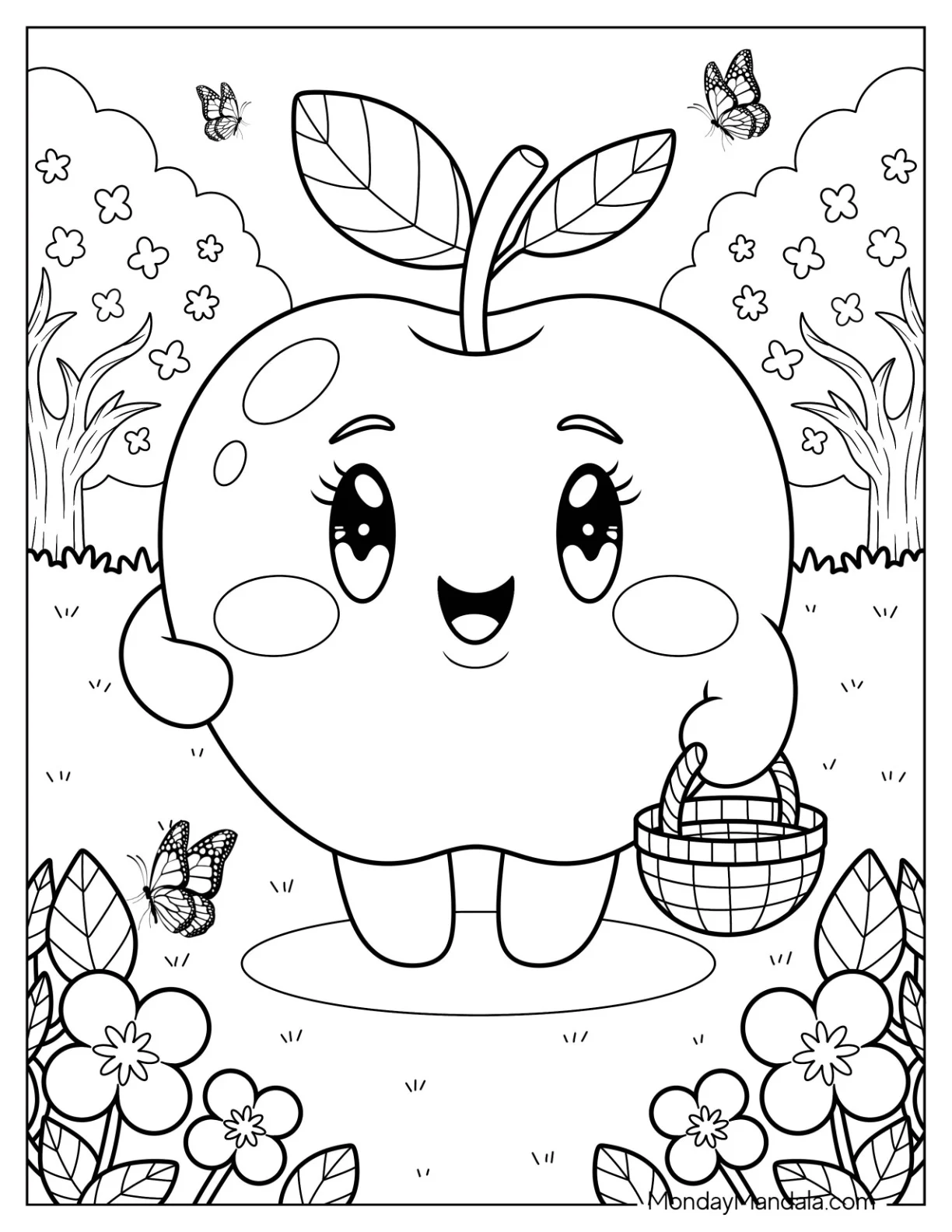 Cheerful Apple Coloring Page with Leaf and Basket in a Butterfly Field for Preschoolers coloring page
