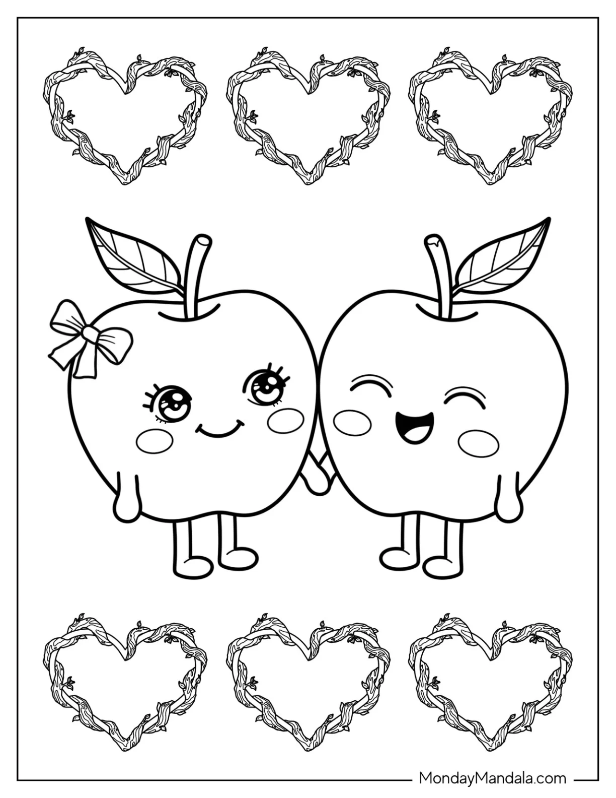 Cute Apple Coloring Page Couple Holding Hands with Leaf Hearts for Kids coloring page
