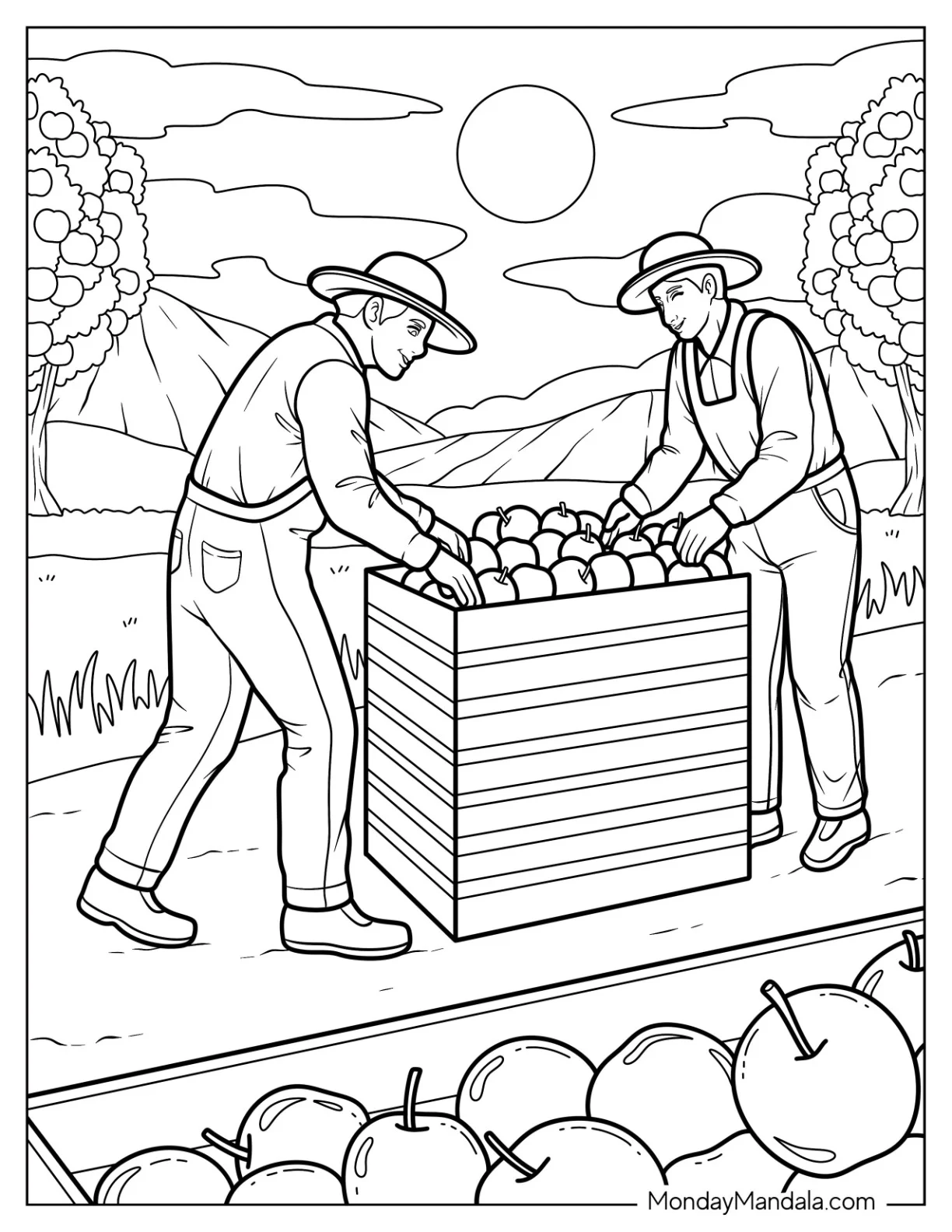 Farmers Harvesting Apple Coloring Page into a Wooden Crate coloring page