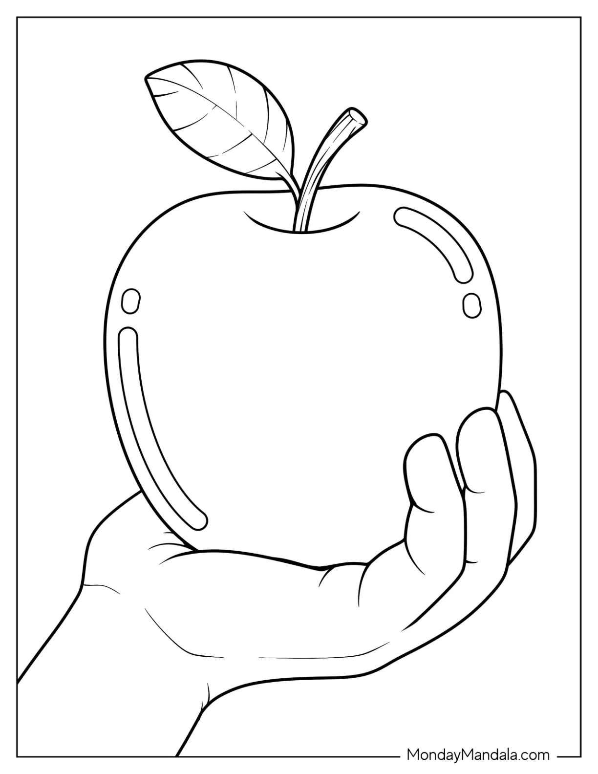Hand Holding a Shiny Apple Coloring Page with Leaf for Kids coloring page