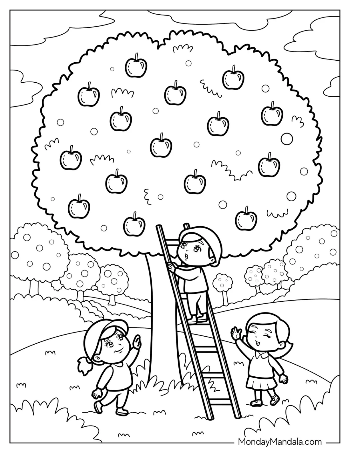 Kids Picking Apple Coloring Page from a Tree in the Orchard coloring page