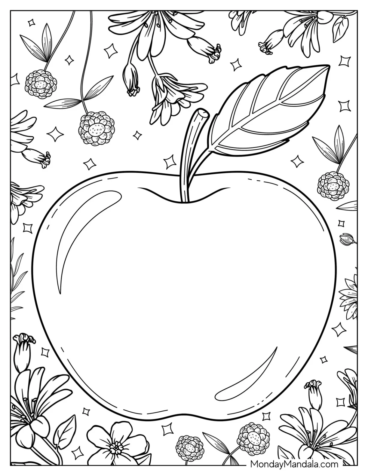 Large Apple Coloring Page Surrounded by Flowers and Berries coloring page