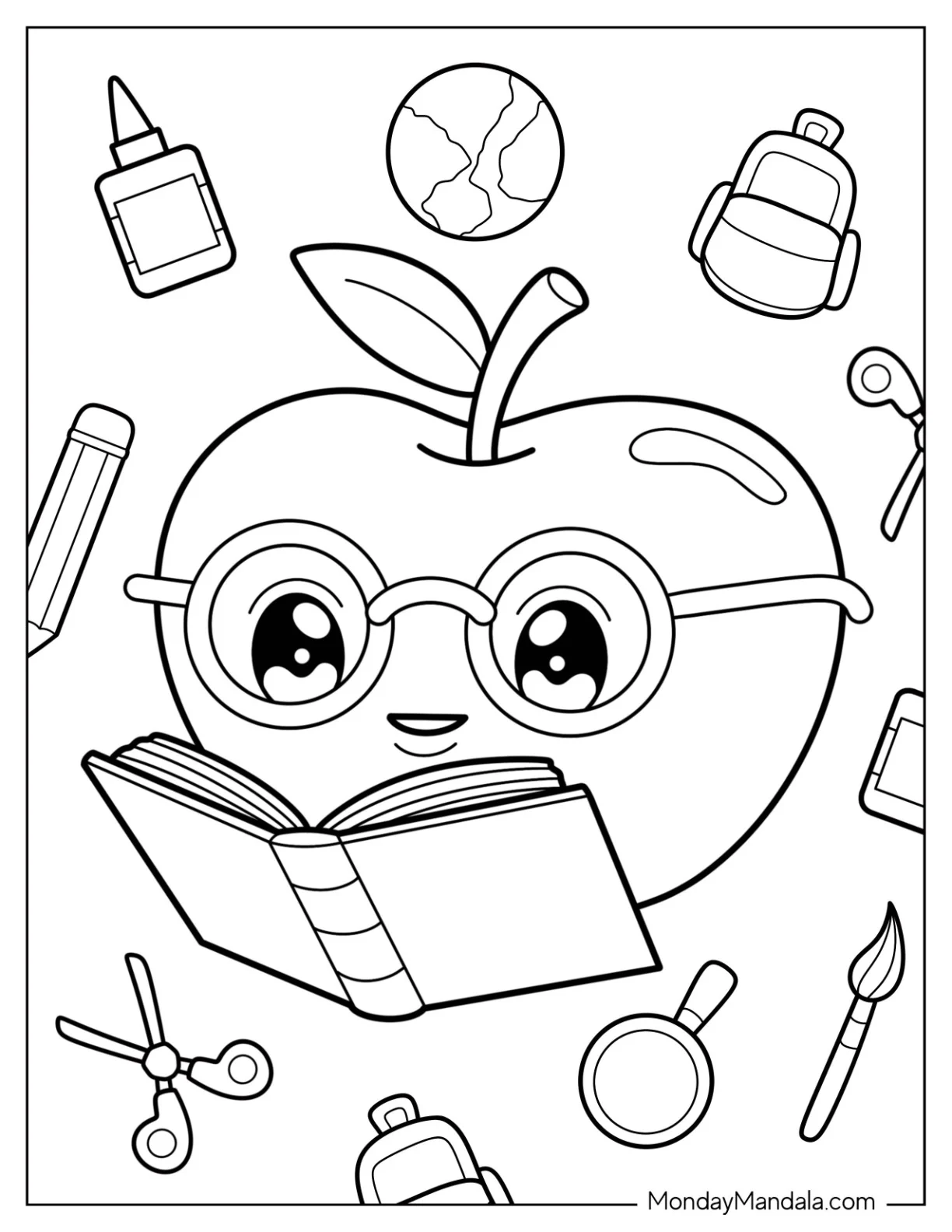 Nerdy Apple Coloring Page with Glasses Reading a Book for Kids coloring page — printable line art