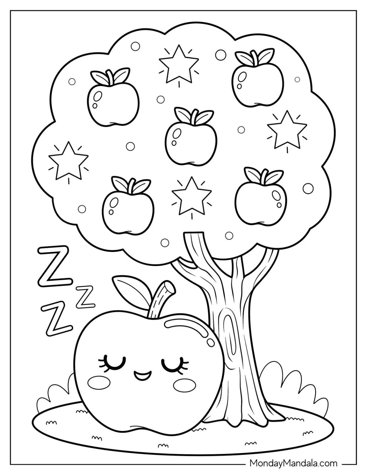 Sleepy Apple Coloring Page Under a Starry Apple Tree for Kids coloring page — printable line art
