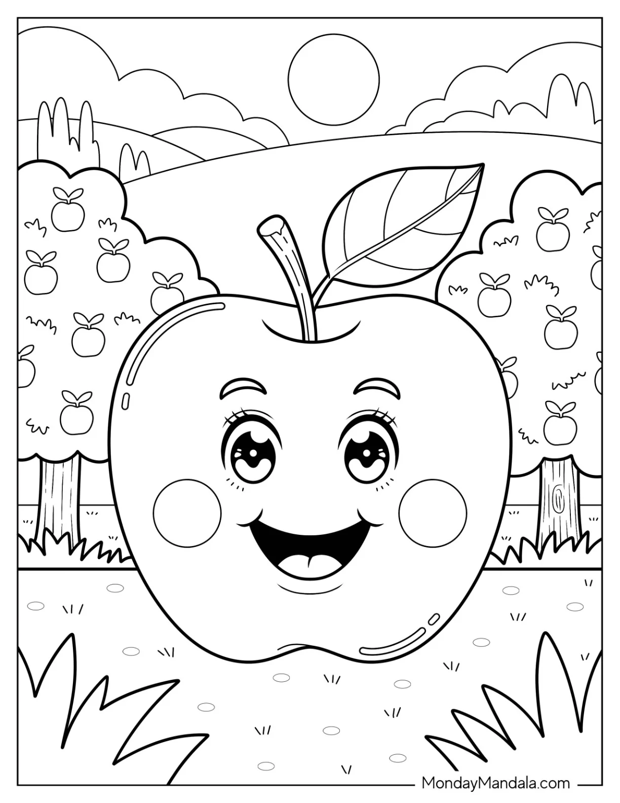Smiling Cartoon Apple Coloring Page Surrounded by Apple Trees coloring page