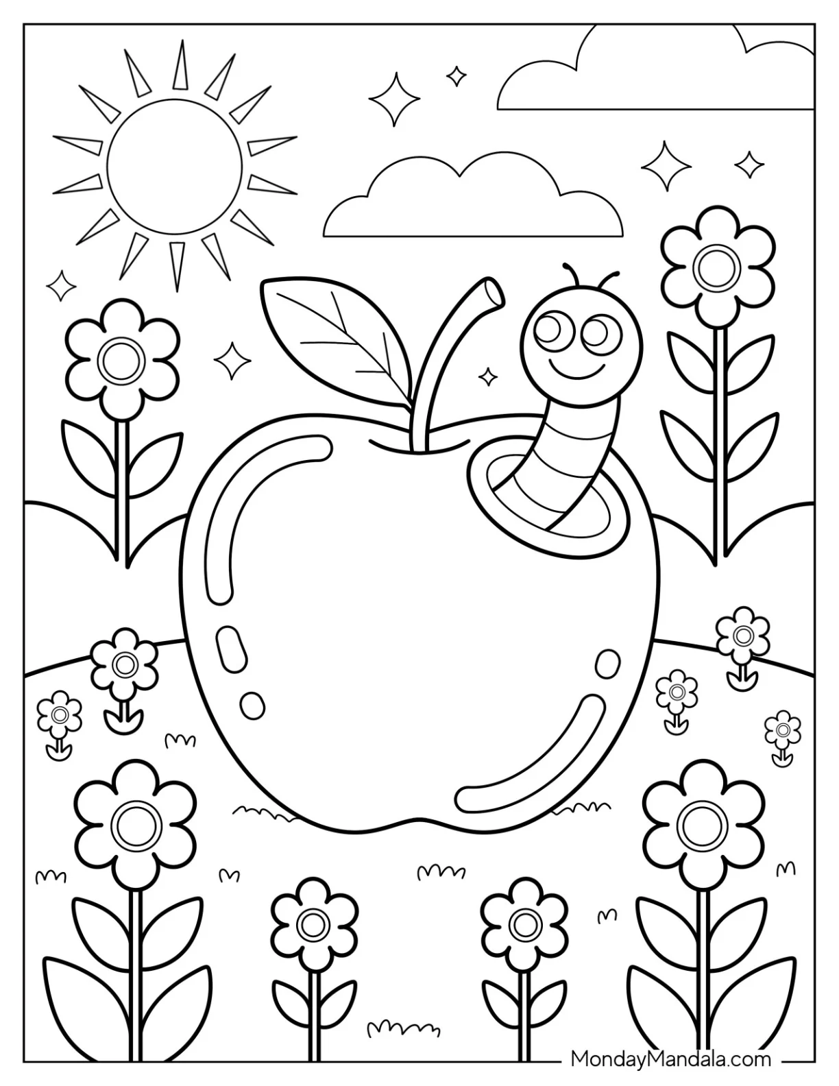 Smiling Worm in an Apple Coloring Page with Flowers and Sunshine for Kids coloring page