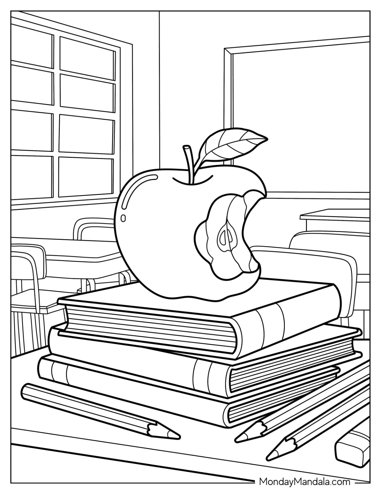 Teacher’s Desk with Stack of Books and Apple Coloring Page coloring page