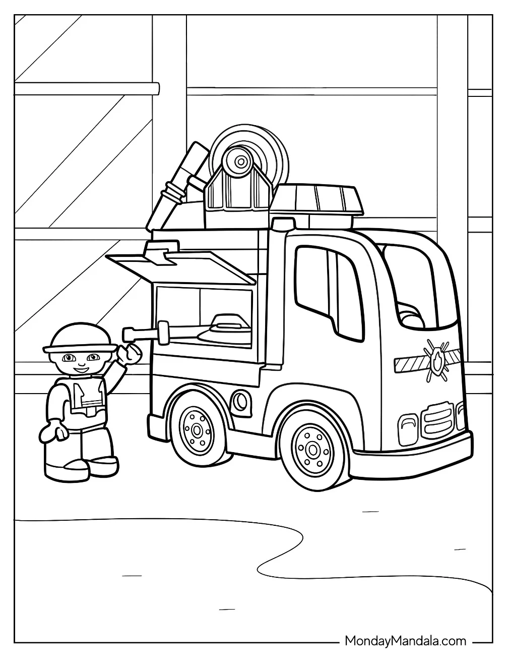 Adorable Legon Firefighter Next To A Fire Truck Coloring Sheet For Kids coloring page